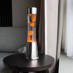 Lava Lamp with Chrome Base, Clear Liquid, and Orange Lava