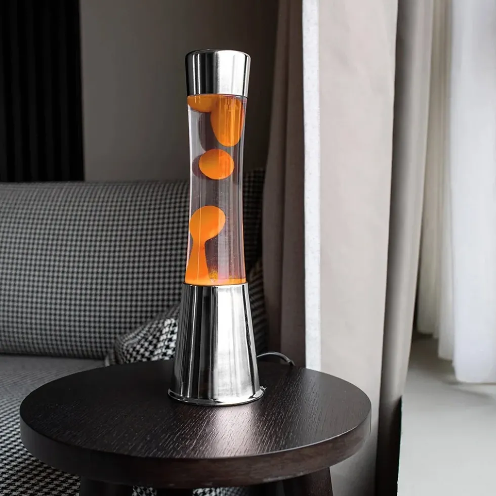 Lava Lamp with Chrome Base, Clear Liquid, and Orange Lava
