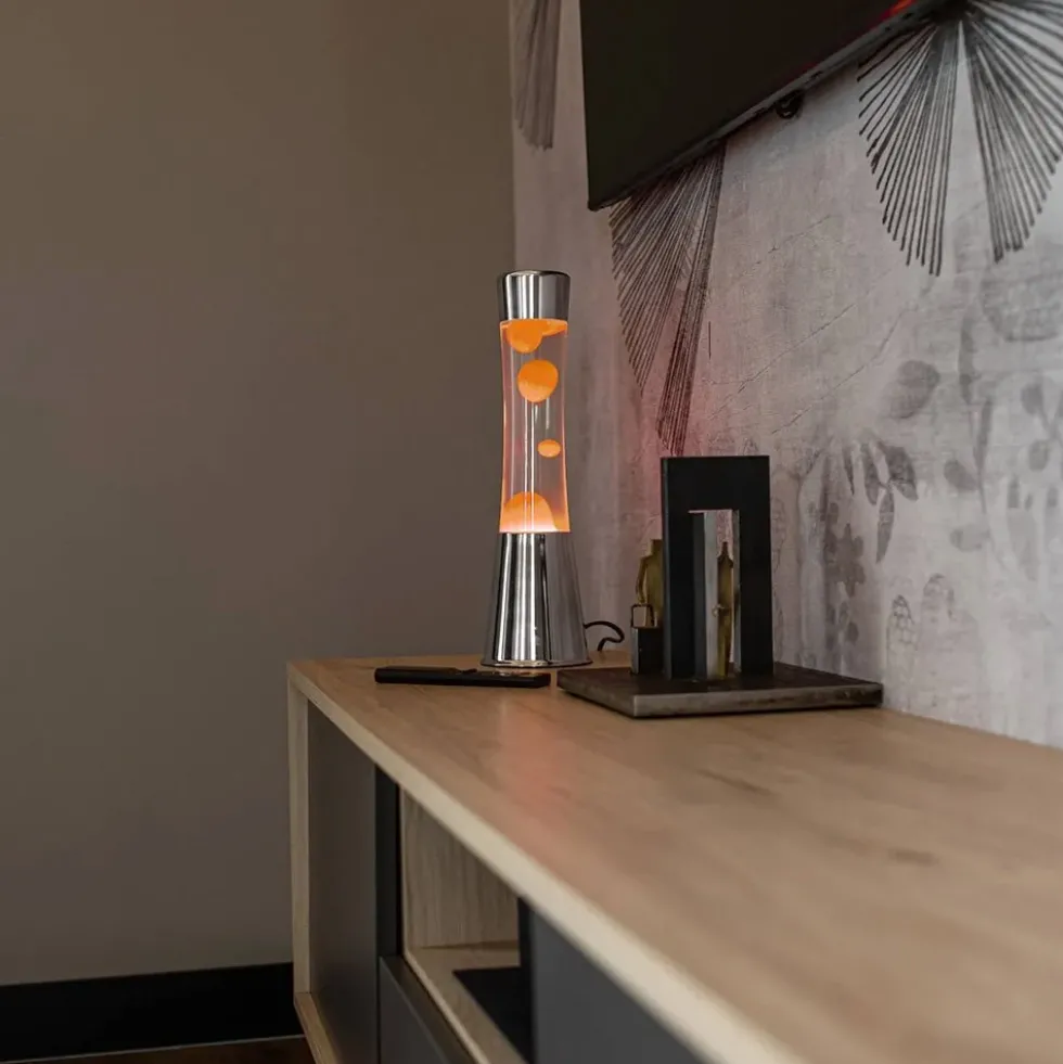 Lava Lamp with Chrome Base, Clear Liquid, and Orange Lava