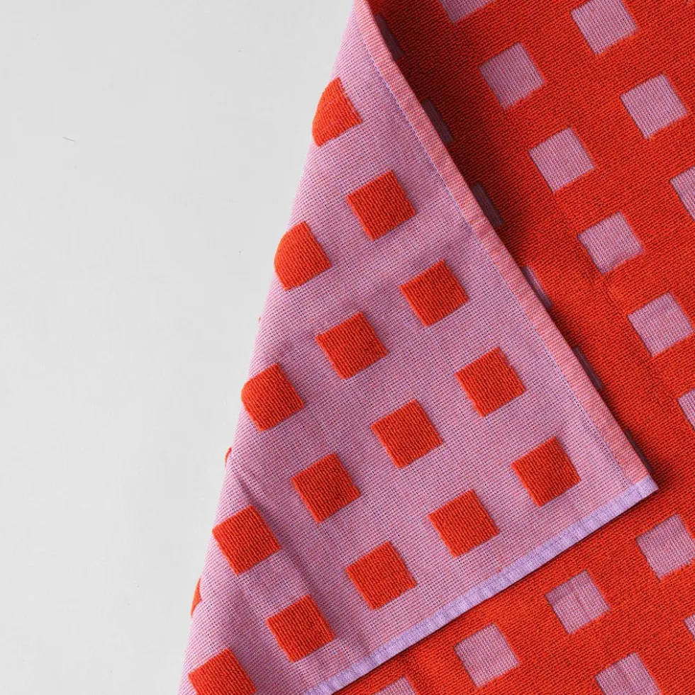Squares Lilac Warm Red Cotton Tea Towel