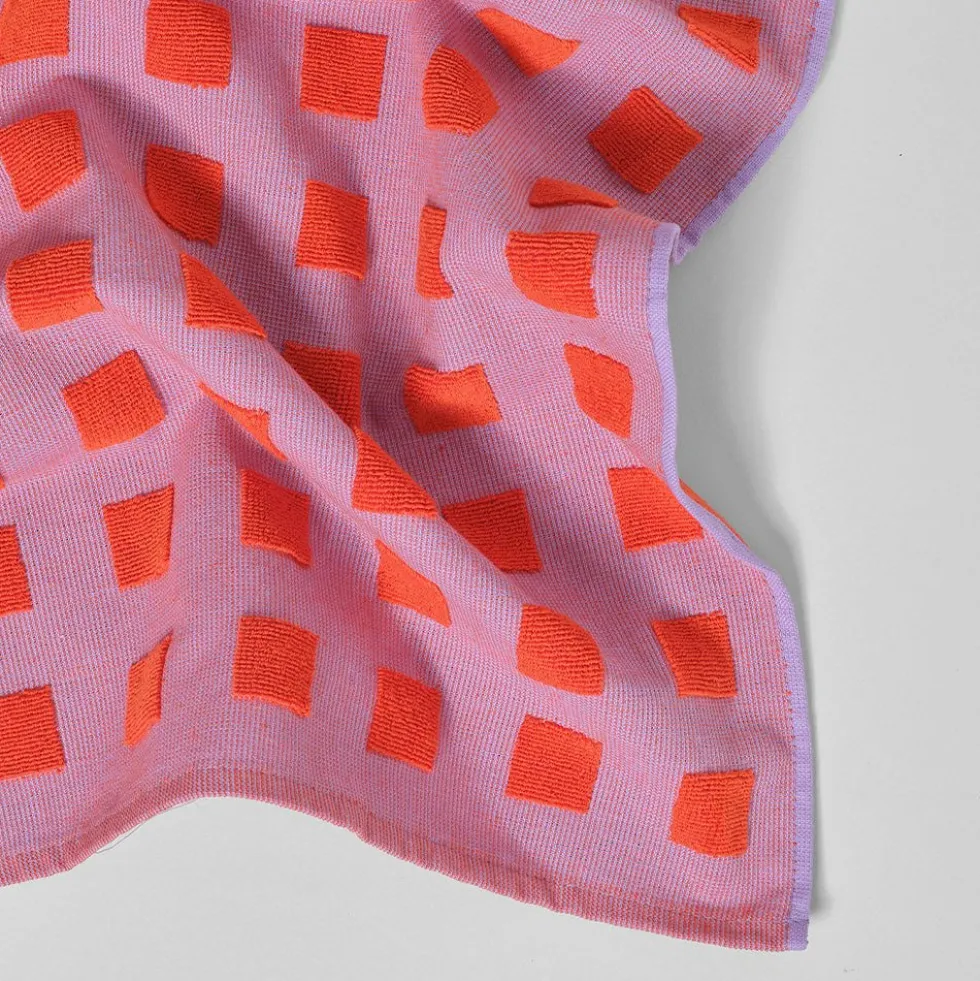 Squares Lilac Warm Red Cotton Tea Towel