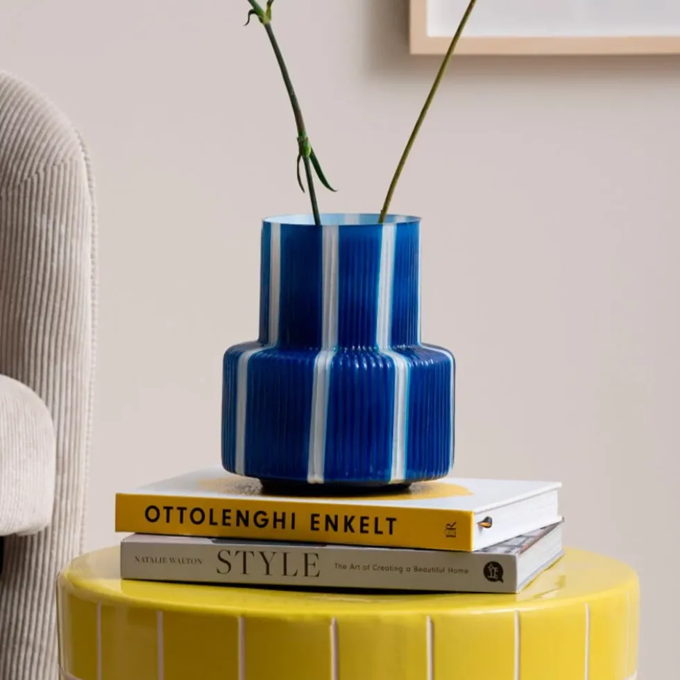 Vase Rayado Retro Wide Cobalt Blue